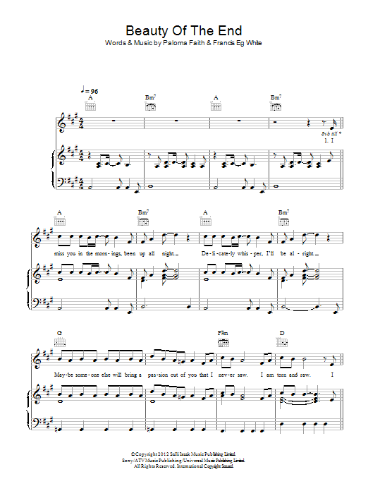 Download Paloma Faith Beauty Of The End Sheet Music and learn how to play Piano, Vocal & Guitar (Right-Hand Melody) PDF digital score in minutes