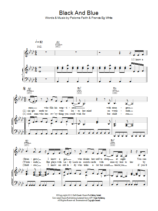 Download Paloma Faith Black And Blue Sheet Music and learn how to play Piano, Vocal & Guitar (Right-Hand Melody) PDF digital score in minutes