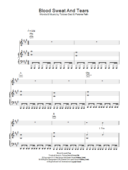 Download Paloma Faith Blood Sweat & Tears Sheet Music and learn how to play Piano, Vocal & Guitar (Right-Hand Melody) PDF digital score in minutes