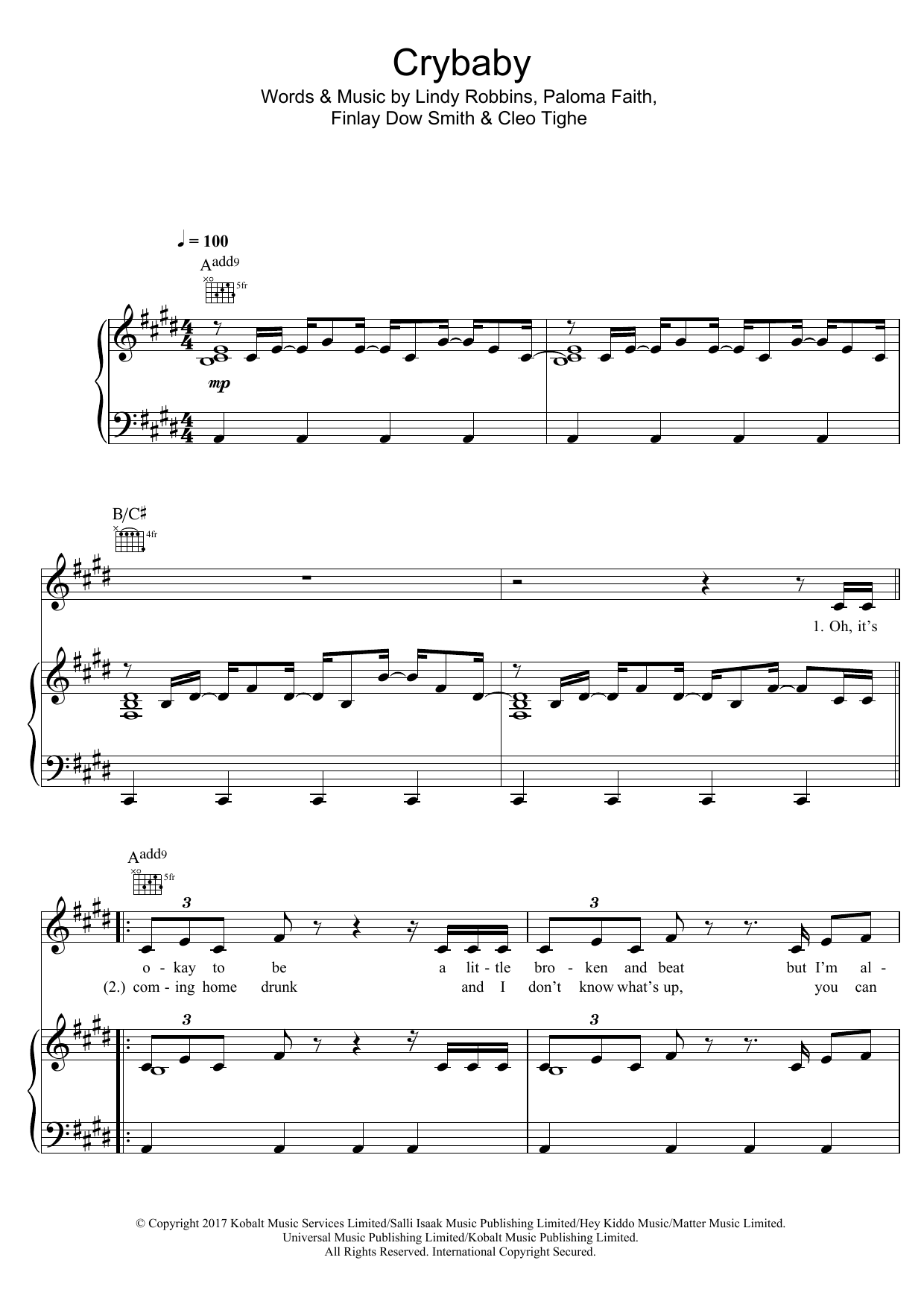 Download Paloma Faith Crybaby Sheet Music and learn how to play Piano, Vocal & Guitar (Right-Hand Melody) PDF digital score in minutes