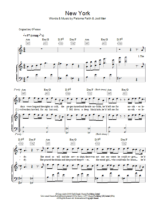 Download Paloma Faith New York Sheet Music and learn how to play Piano, Vocal & Guitar (Right-Hand Melody) PDF digital score in minutes