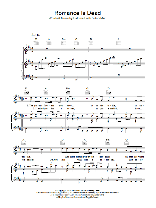 Download Paloma Faith Romance Is Dead Sheet Music and learn how to play Piano, Vocal & Guitar (Right-Hand Melody) PDF digital score in minutes