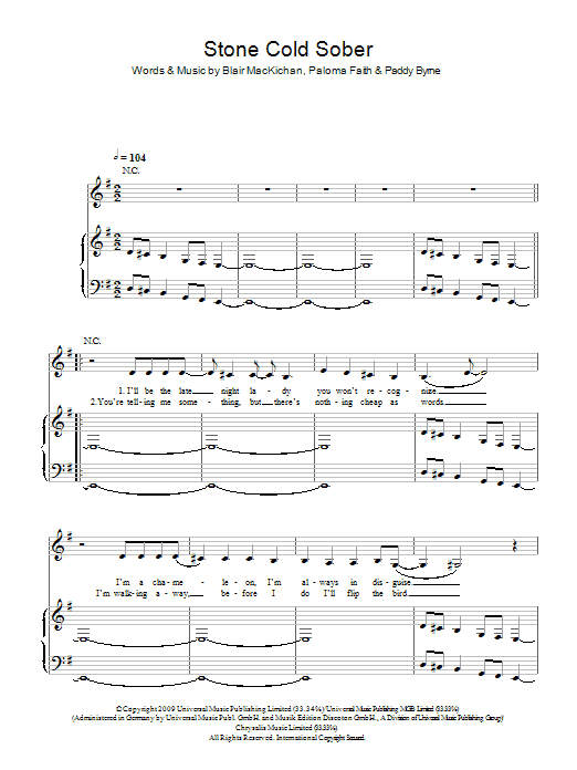 Download Paloma Faith Stone Cold Sober Sheet Music and learn how to play Piano, Vocal & Guitar PDF digital score in minutes