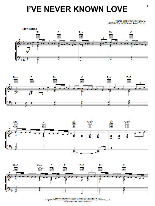 Download Pam Thum I've Never Known Love Sheet Music and learn how to play Piano, Vocal & Guitar (Right-Hand Melody) PDF digital score in minutes