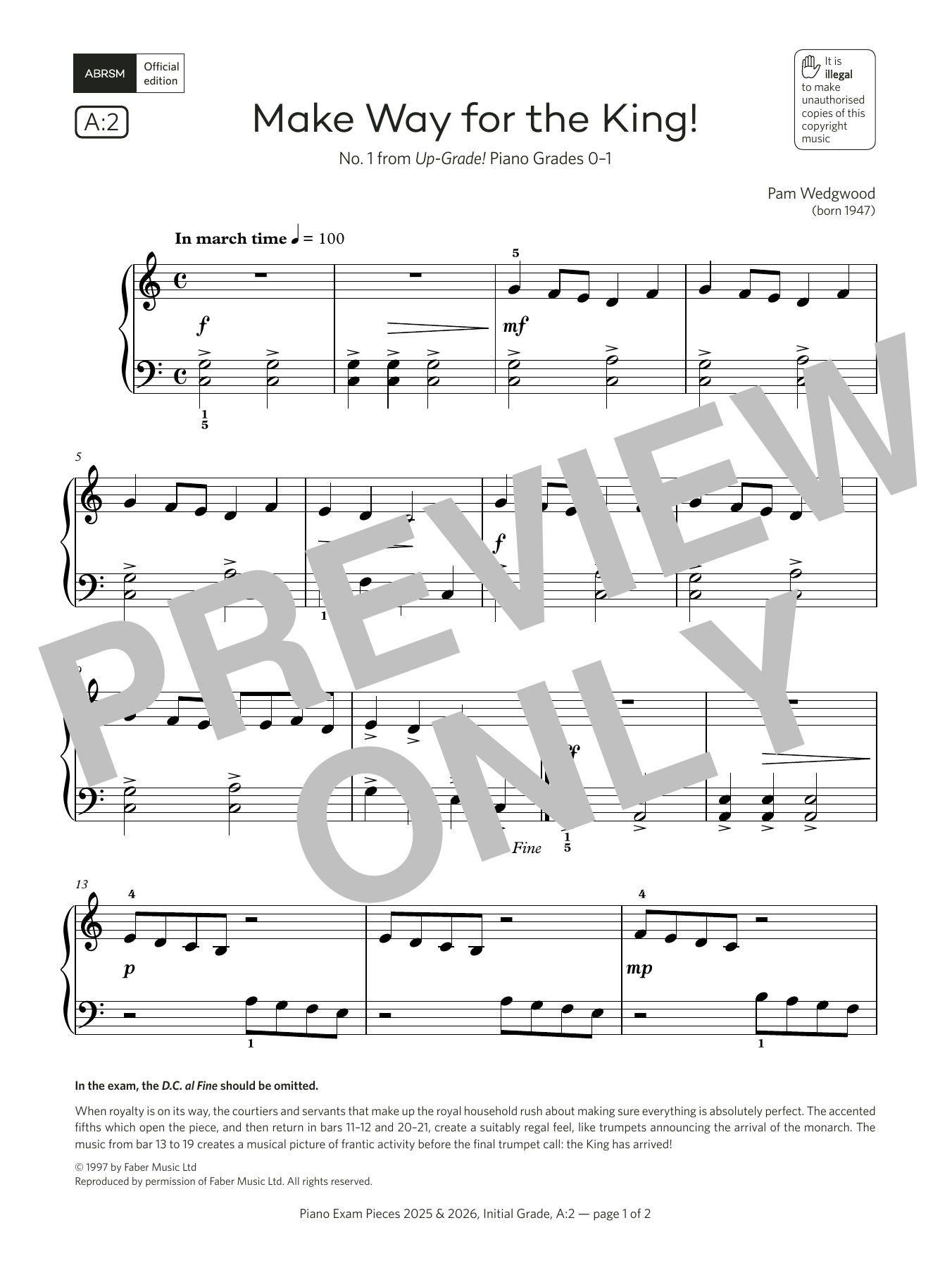 Download Pam Wedgwood Make Way for the King! (Grade Initial, list A2, from the ABRSM Piano Syllabus 20 Sheet Music and learn how to play Piano Solo PDF digital score in minutes