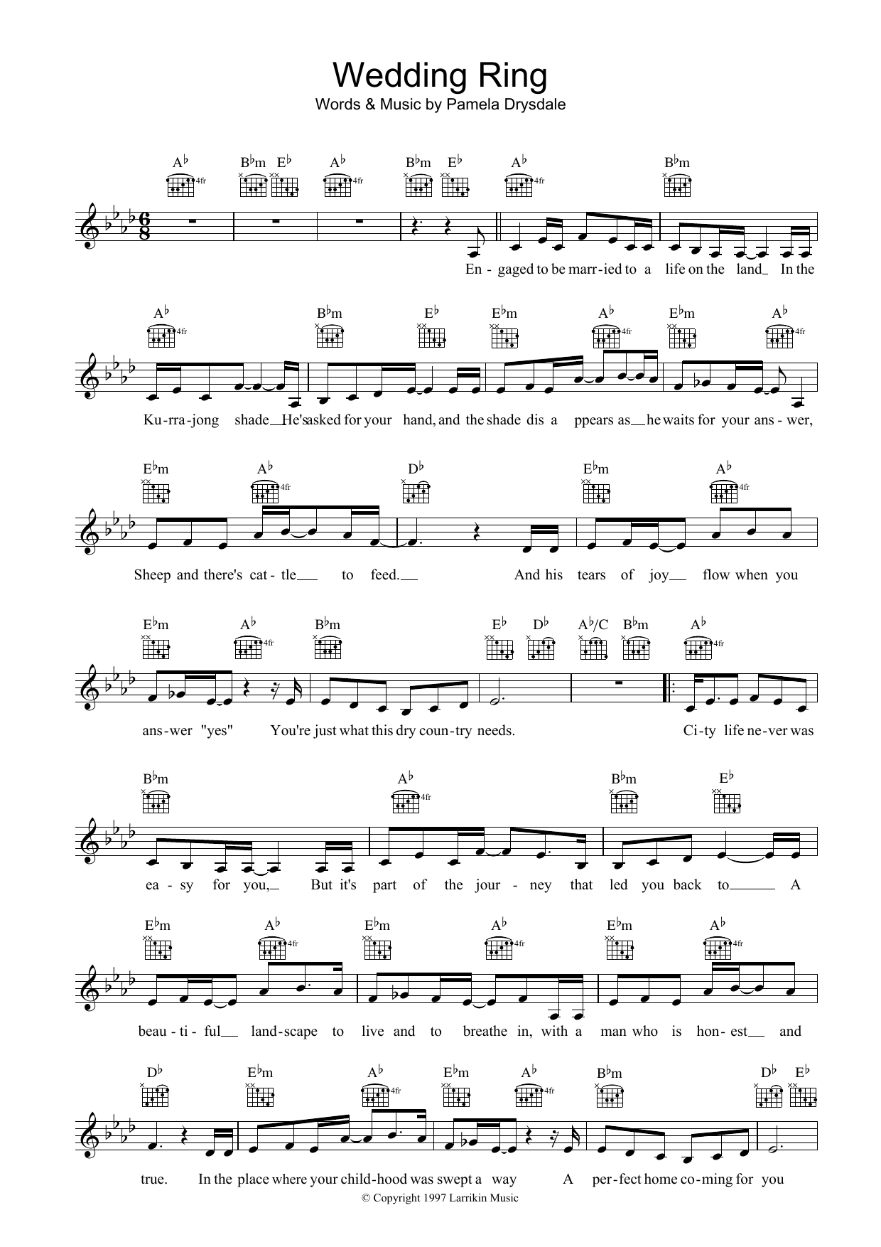 Download Pamela Drysdale Wedding Ring Sheet Music and learn how to play Melody Line, Lyrics & Chords PDF digital score in minutes