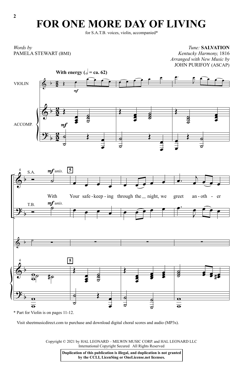 Download Pamela Stewart For One More Day Of Living (arr. John Purifoy) Sheet Music and learn how to play SATB Choir PDF digital score in minutes