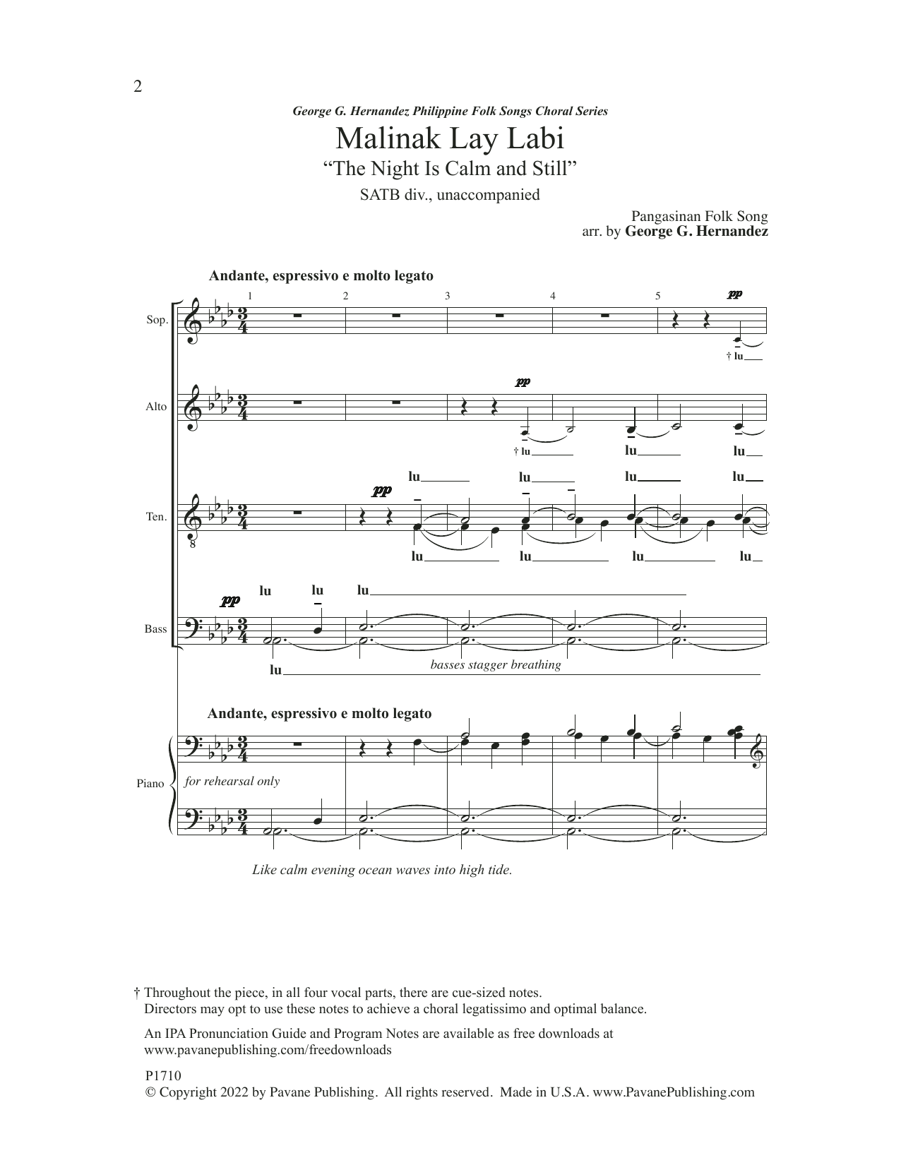 Download Pangasinan Folk Song Malinak Lay Labi (The Night Is Calm And Still) (arr. George G. Hernandez) Sheet Music and learn how to play Choir PDF digital score in minutes