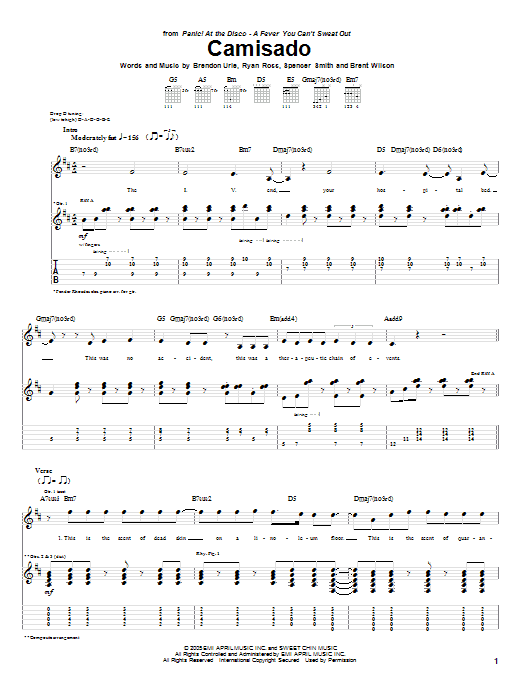 Download Panic! At The Disco Camisado Sheet Music and learn how to play Guitar Tab PDF digital score in minutes