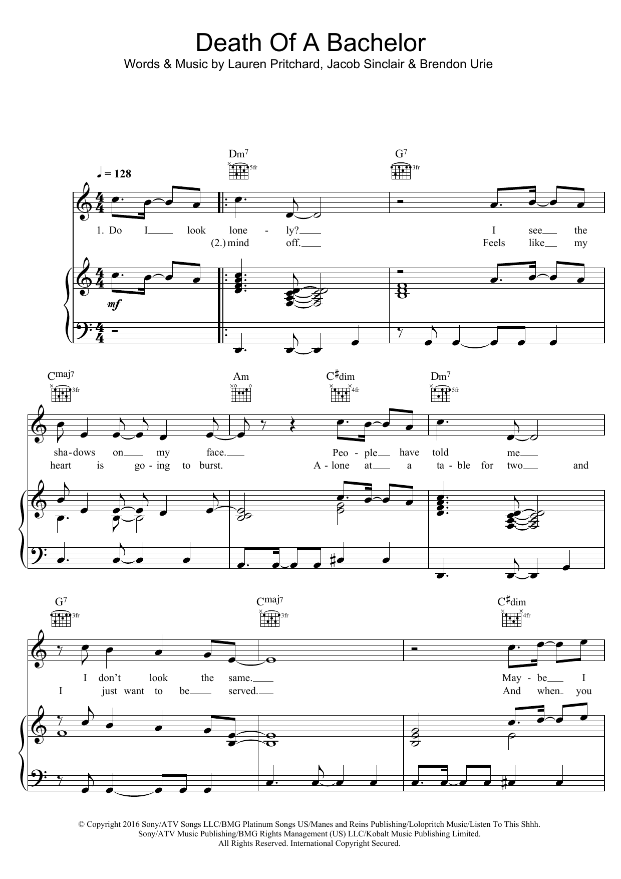 Download Panic! At The Disco Death of a Bachelor Sheet Music and learn how to play Piano, Vocal & Guitar (Right-Hand Melody) PDF digital score in minutes