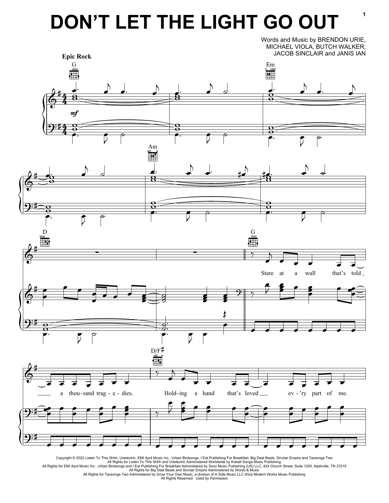 Download Panic! At The Disco Don't Let The Light Go Out Sheet Music and learn how to play Piano, Vocal & Guitar Chords (Right-Hand Melody) PDF digital score in minutes