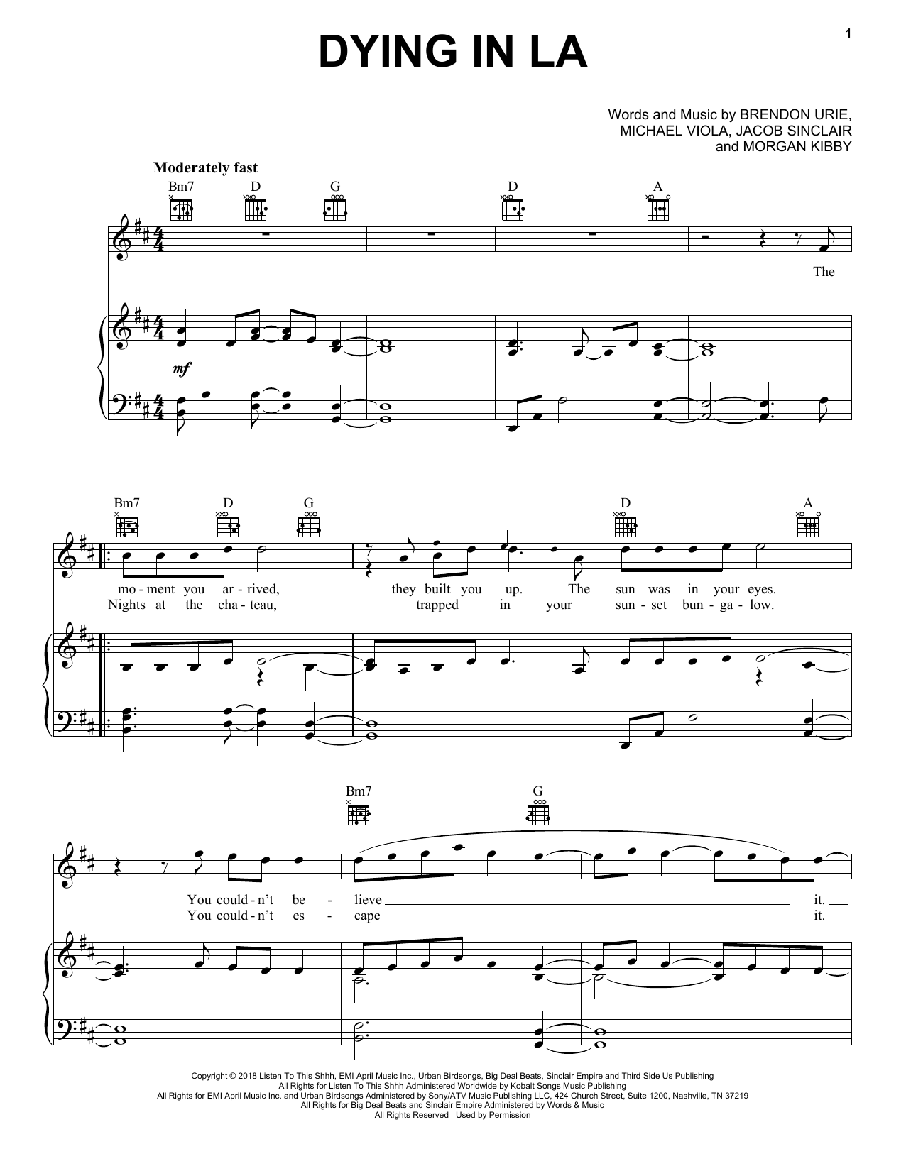 Download Panic! At The Disco Dying In LA Sheet Music and learn how to play Piano, Vocal & Guitar Chords (Right-Hand Melody) PDF digital score in minutes