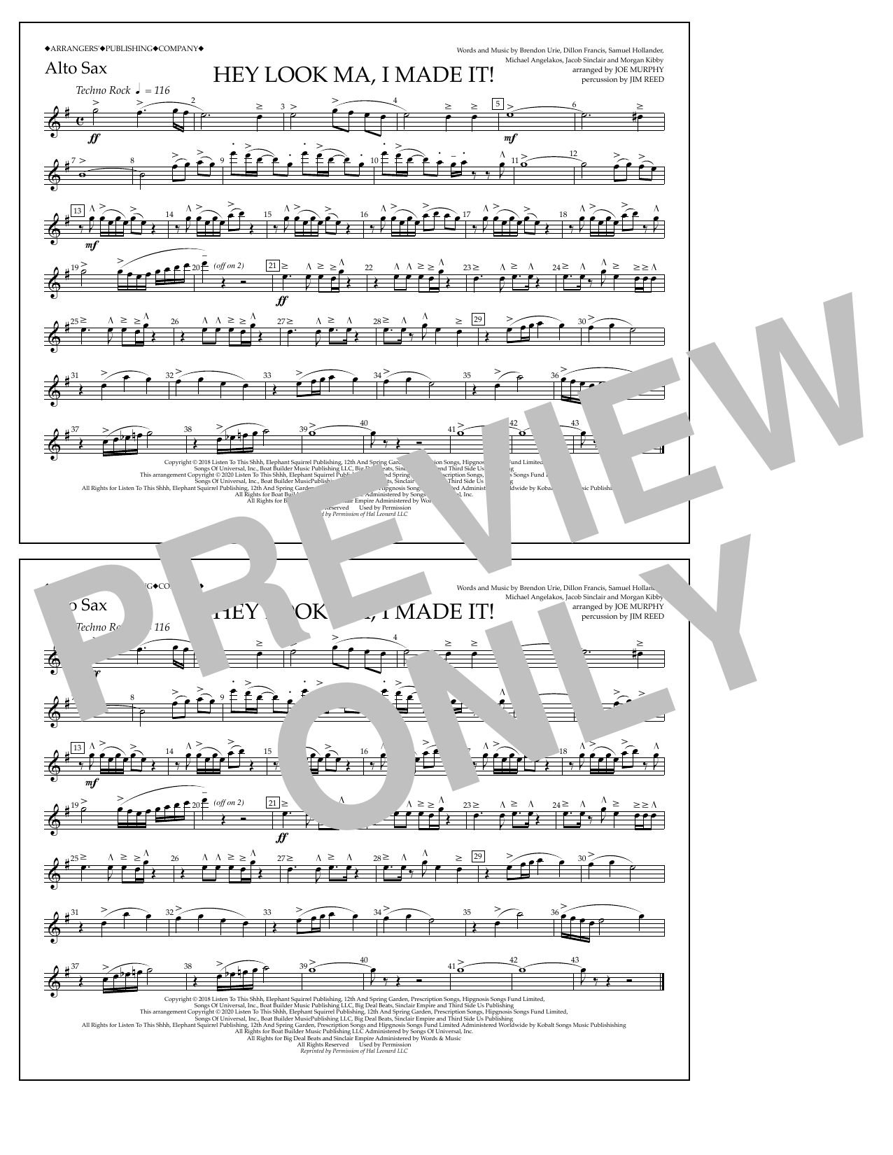 Download Panic! At The Disco Hey Look Ma, I Made It (arr. Joe Murphy) - Alto Sax Sheet Music and learn how to play Marching Band PDF digital score in minutes