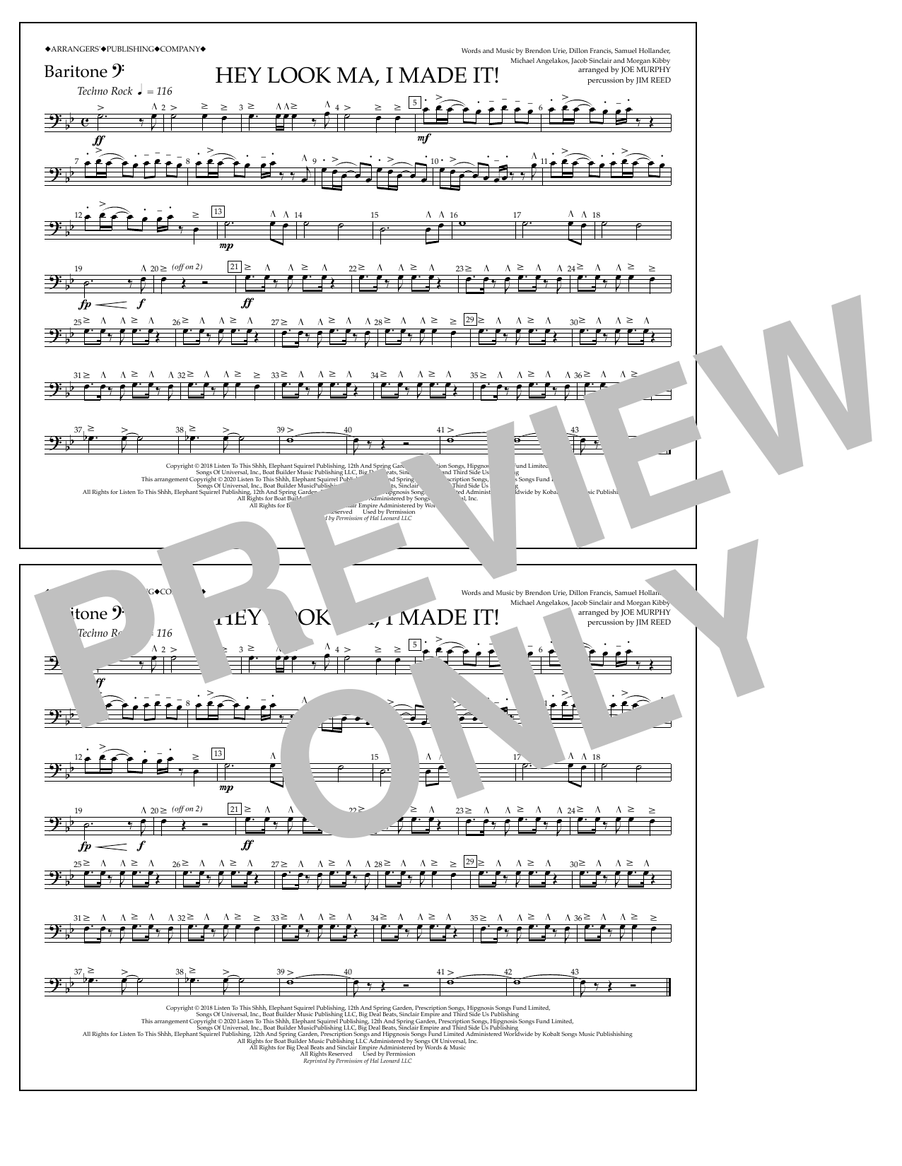 Download Panic! At The Disco Hey Look Ma, I Made It (arr. Joe Murphy) - Baritone B.C. Sheet Music and learn how to play Marching Band PDF digital score in minutes