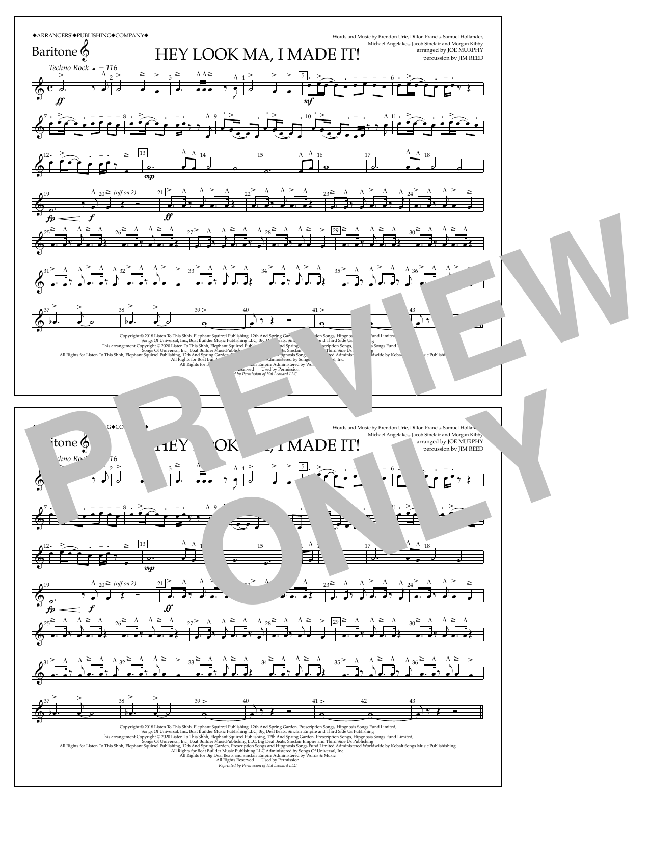 Download Panic! At The Disco Hey Look Ma, I Made It (arr. Joe Murphy) - Baritone T.C. Sheet Music and learn how to play Marching Band PDF digital score in minutes
