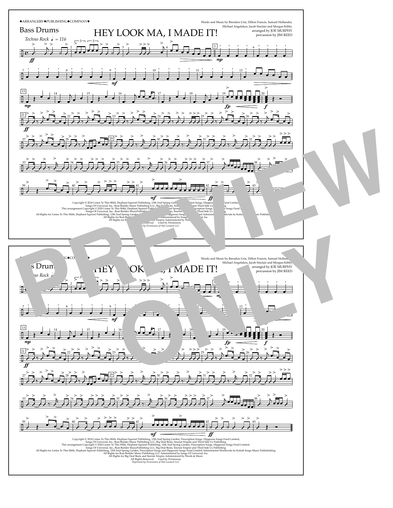 Download Panic! At The Disco Hey Look Ma, I Made It (arr. Joe Murphy) - Bass Drums Sheet Music and learn how to play Marching Band PDF digital score in minutes