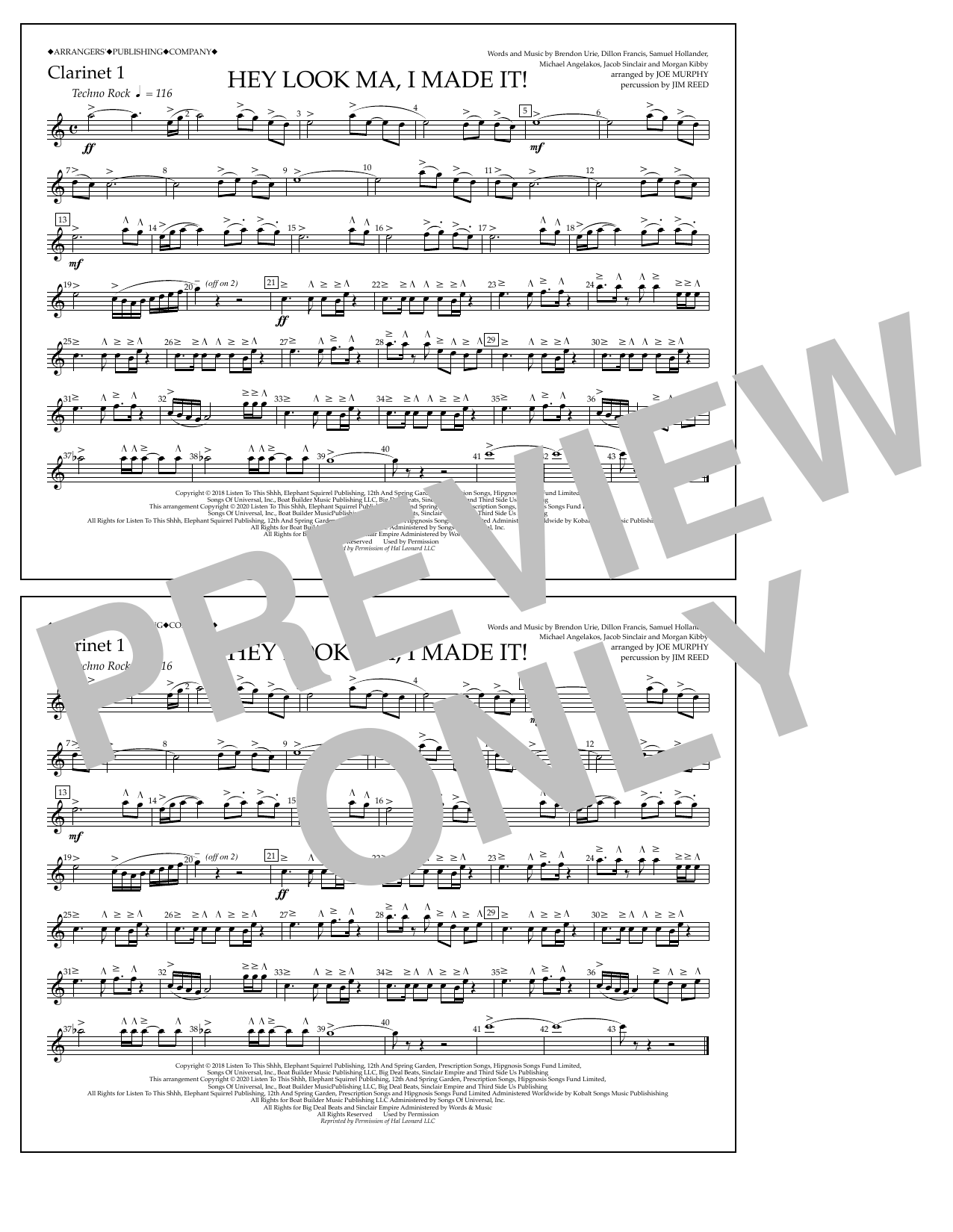 Download Panic! At The Disco Hey Look Ma, I Made It (arr. Joe Murphy) - Clarinet 1 Sheet Music and learn how to play Marching Band PDF digital score in minutes