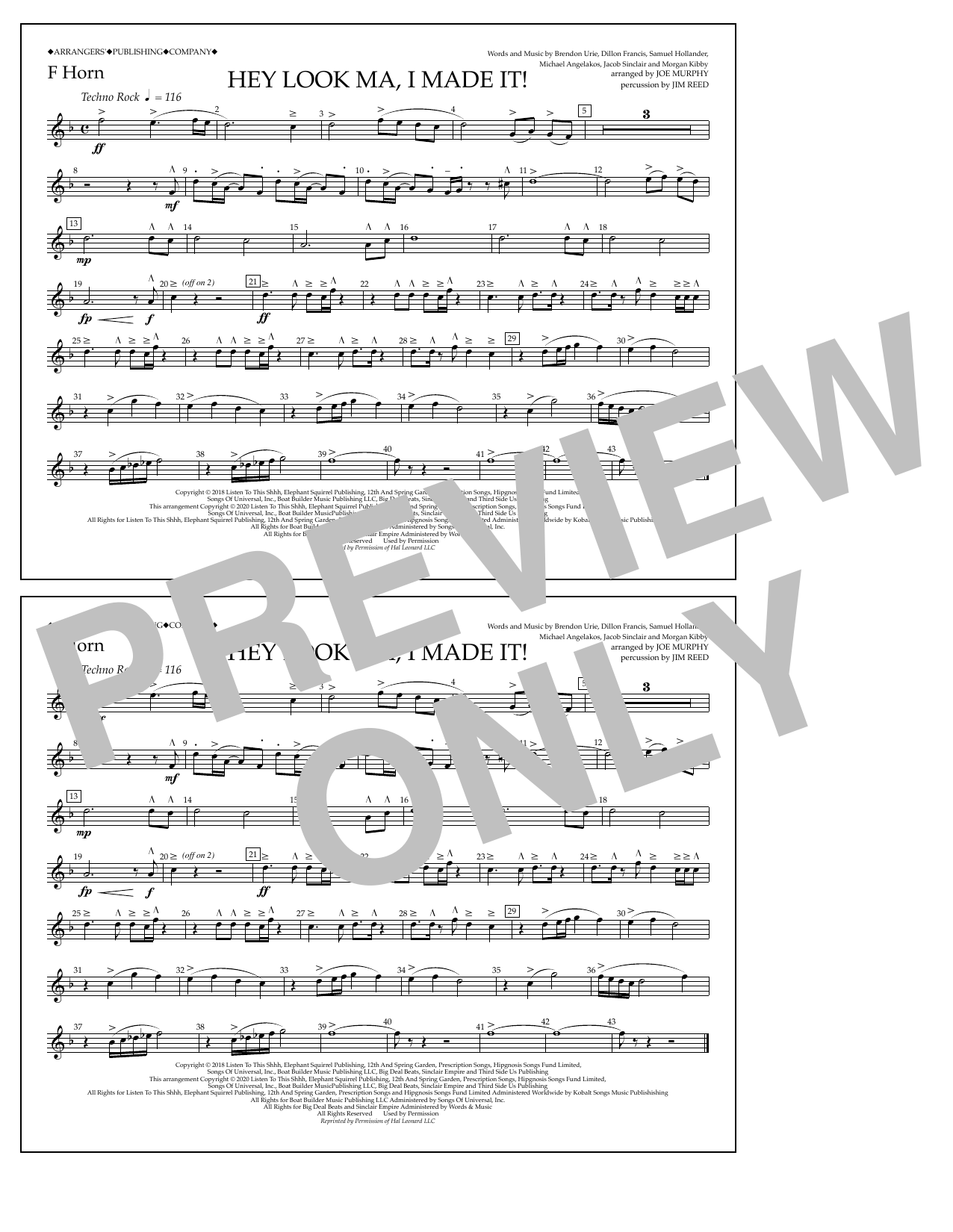 Download Panic! At The Disco Hey Look Ma, I Made It (arr. Joe Murphy) - F Horn Sheet Music and learn how to play Marching Band PDF digital score in minutes