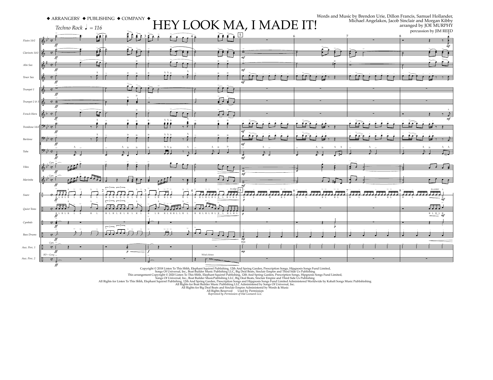Download Panic! At The Disco Hey Look Ma, I Made It (arr. Joe Murphy) - Full Score Sheet Music and learn how to play Marching Band PDF digital score in minutes