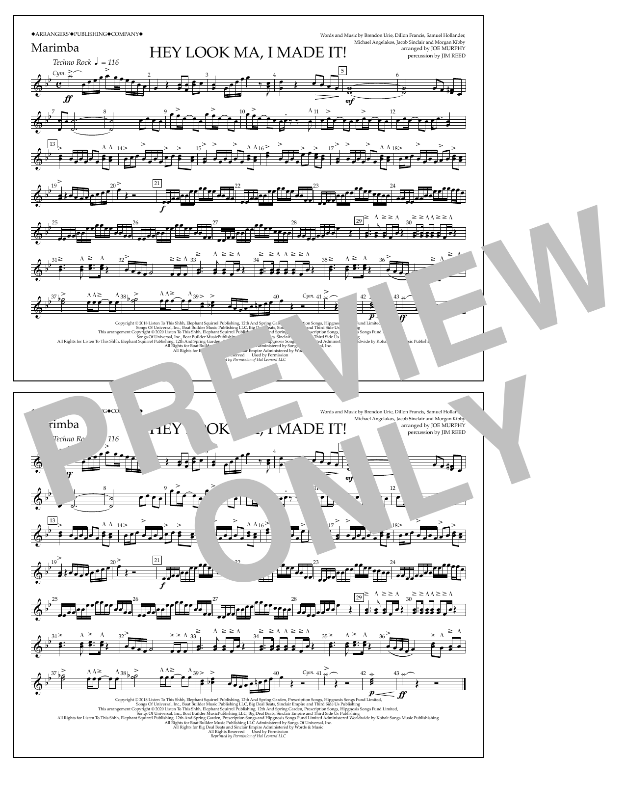 Download Panic! At The Disco Hey Look Ma, I Made It (arr. Joe Murphy) - Marimba Sheet Music and learn how to play Marching Band PDF digital score in minutes