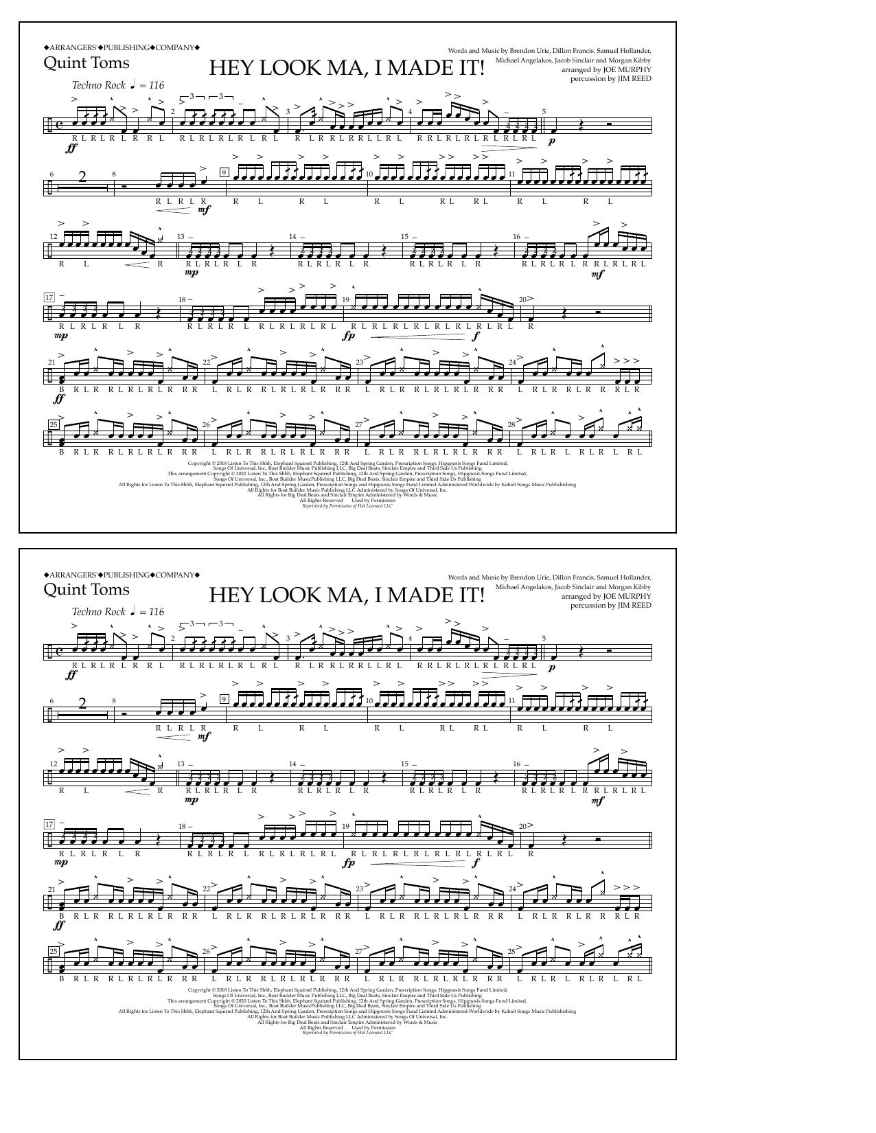Download Panic! At The Disco Hey Look Ma, I Made It (arr. Joe Murphy) - Quint-Toms Sheet Music and learn how to play Marching Band PDF digital score in minutes