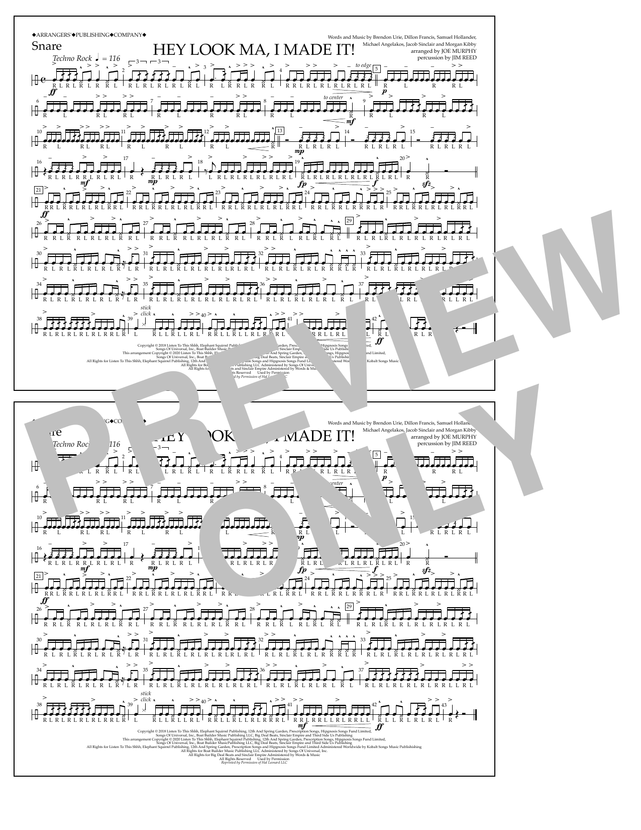 Download Panic! At The Disco Hey Look Ma, I Made It (arr. Joe Murphy) - Snare Sheet Music and learn how to play Marching Band PDF digital score in minutes