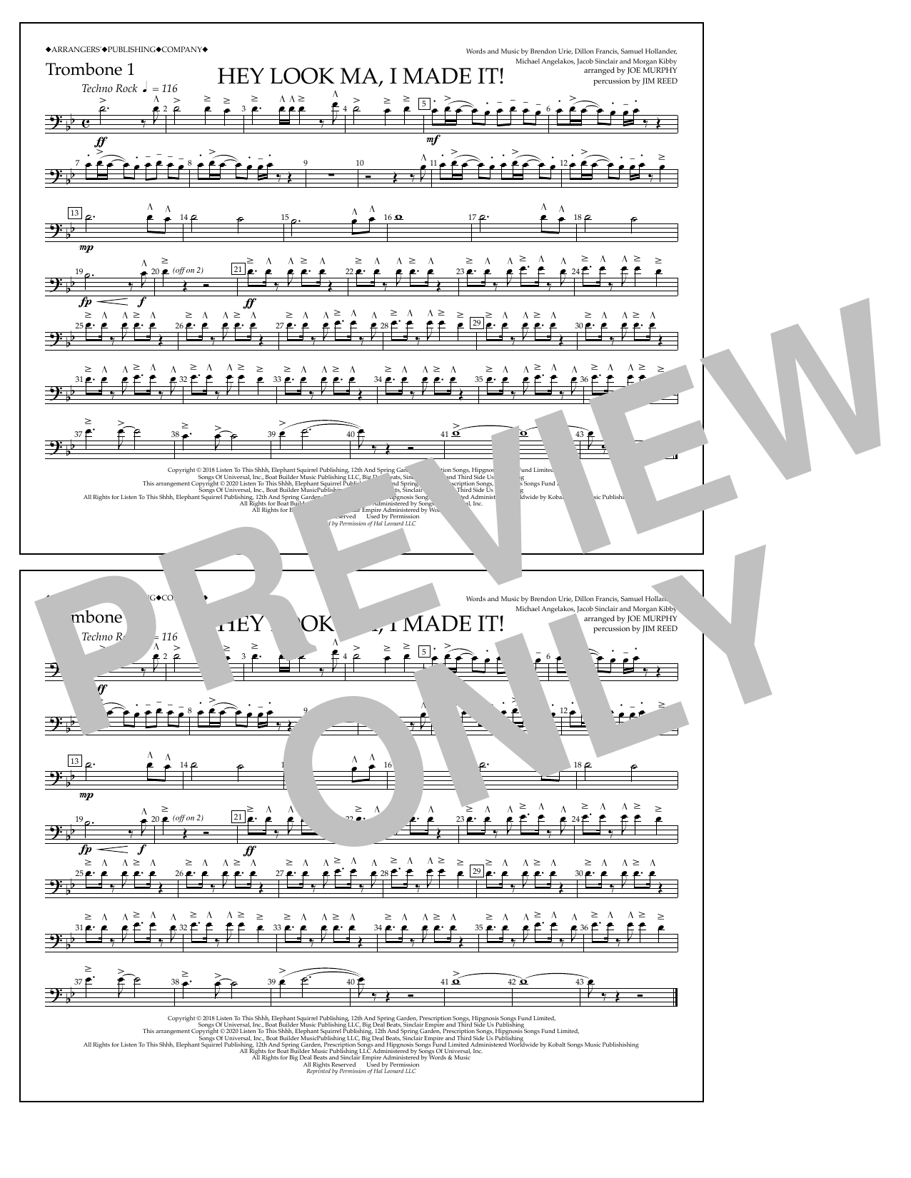 Download Panic! At The Disco Hey Look Ma, I Made It (arr. Joe Murphy) - Trombone 1 Sheet Music and learn how to play Marching Band PDF digital score in minutes