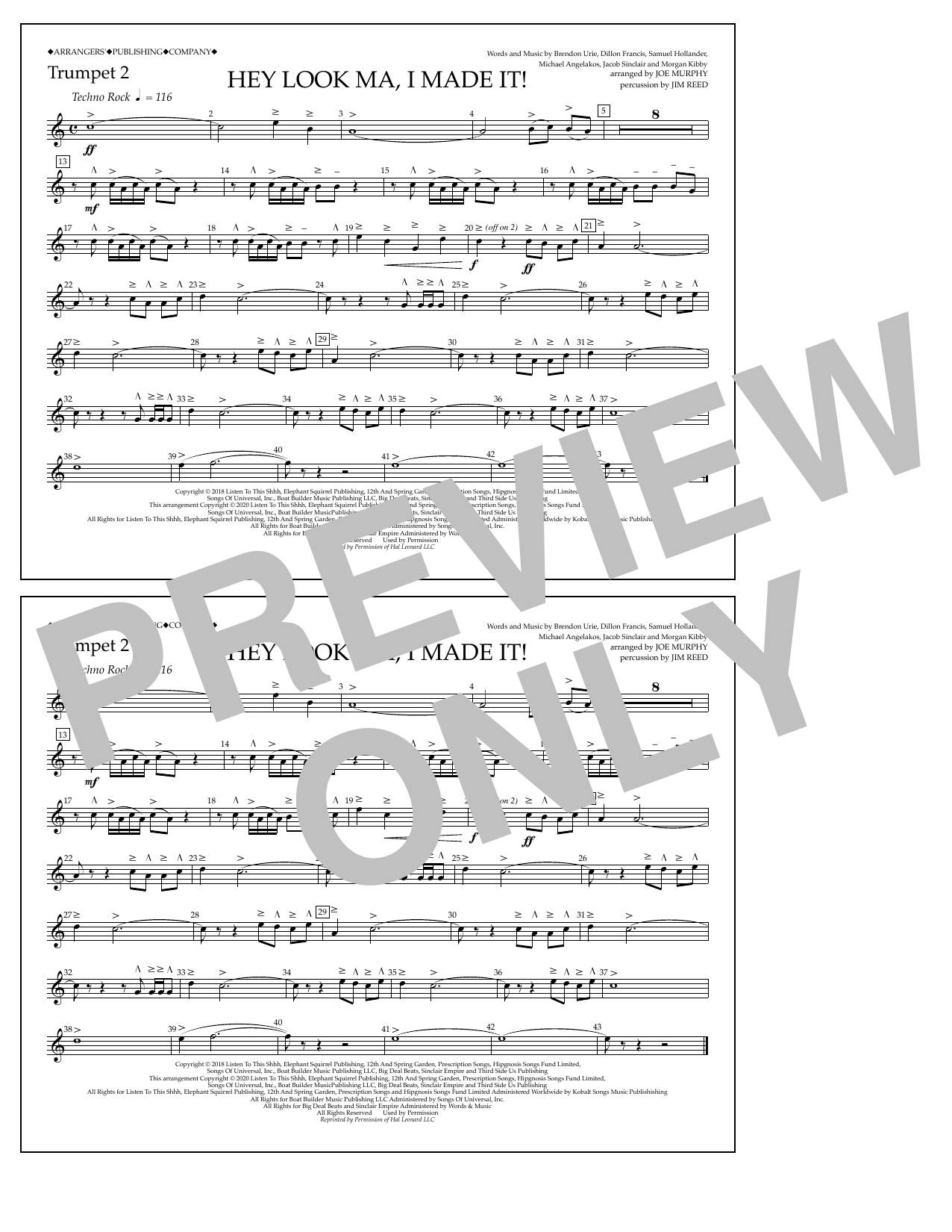 Download Panic! At The Disco Hey Look Ma, I Made It (arr. Joe Murphy) - Trumpet 2 Sheet Music and learn how to play Marching Band PDF digital score in minutes