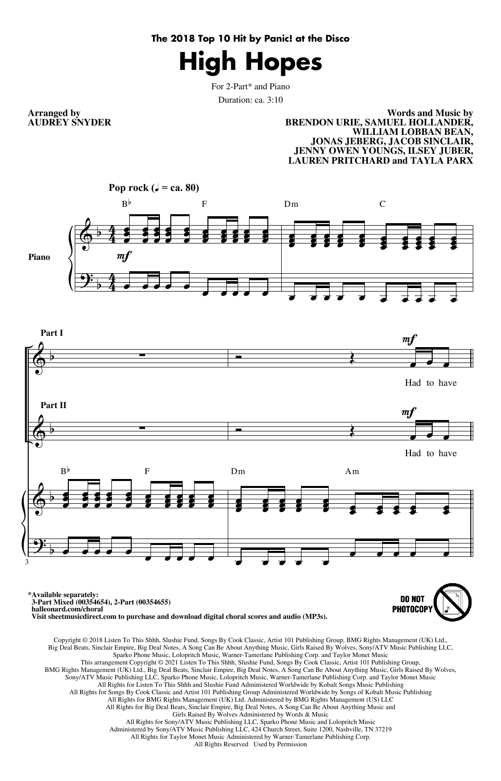 Download Panic! At The Disco High Hopes (arr. Audrey Snyder) Sheet Music and learn how to play 2-Part Choir PDF digital score in minutes