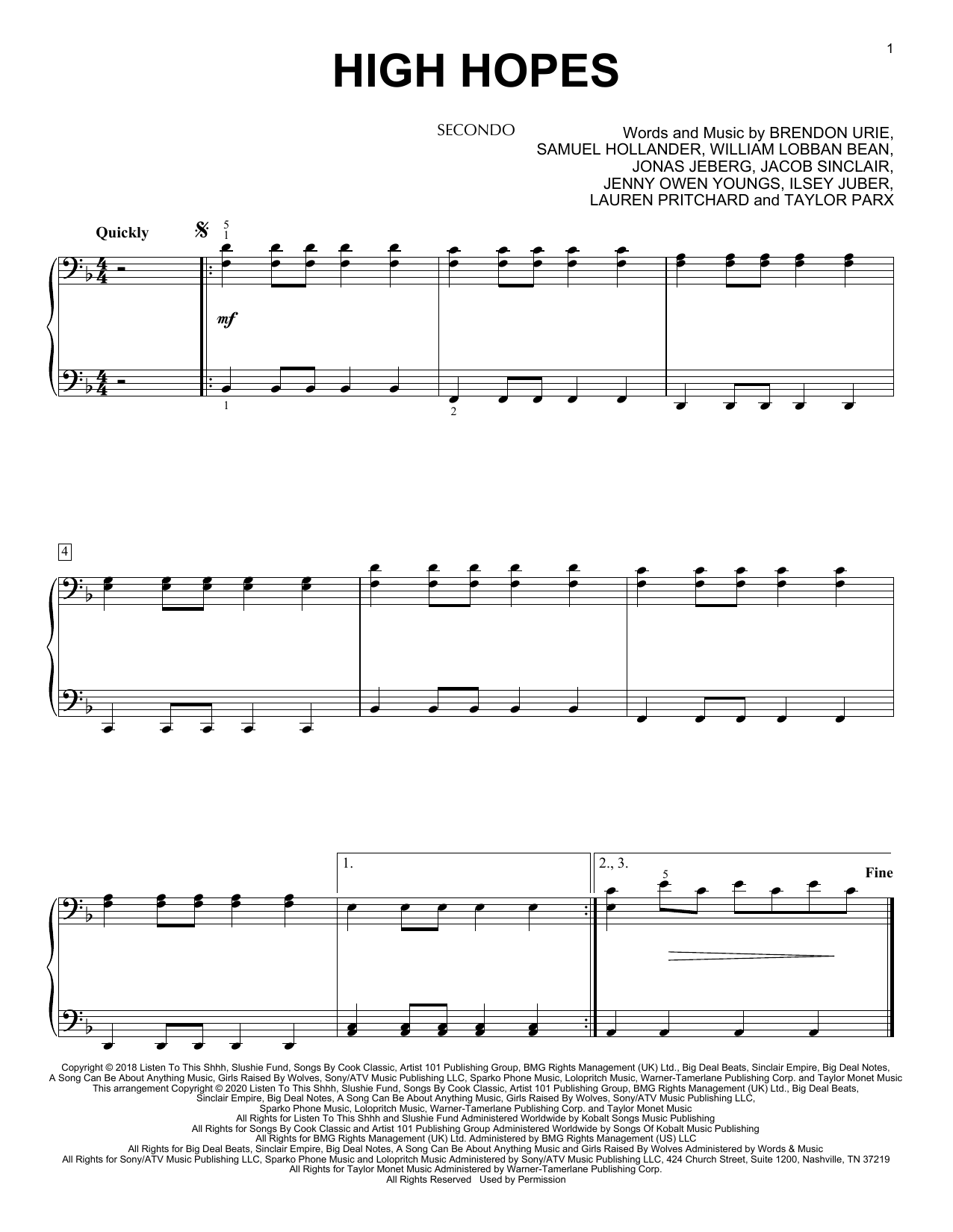 Download Panic! At The Disco High Hopes (arr. David Pearl) Sheet Music and learn how to play Piano Duet PDF digital score in minutes