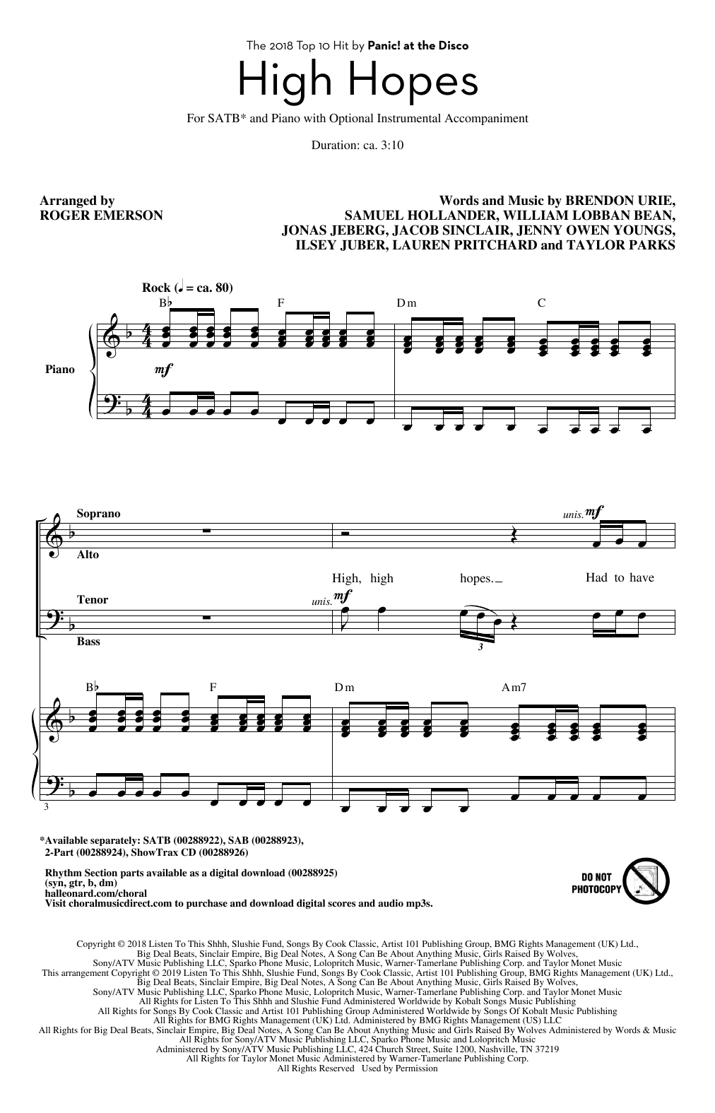 Download Panic! At The Disco High Hopes (arr. Roger Emerson) Sheet Music and learn how to play SATB Choir PDF digital score in minutes