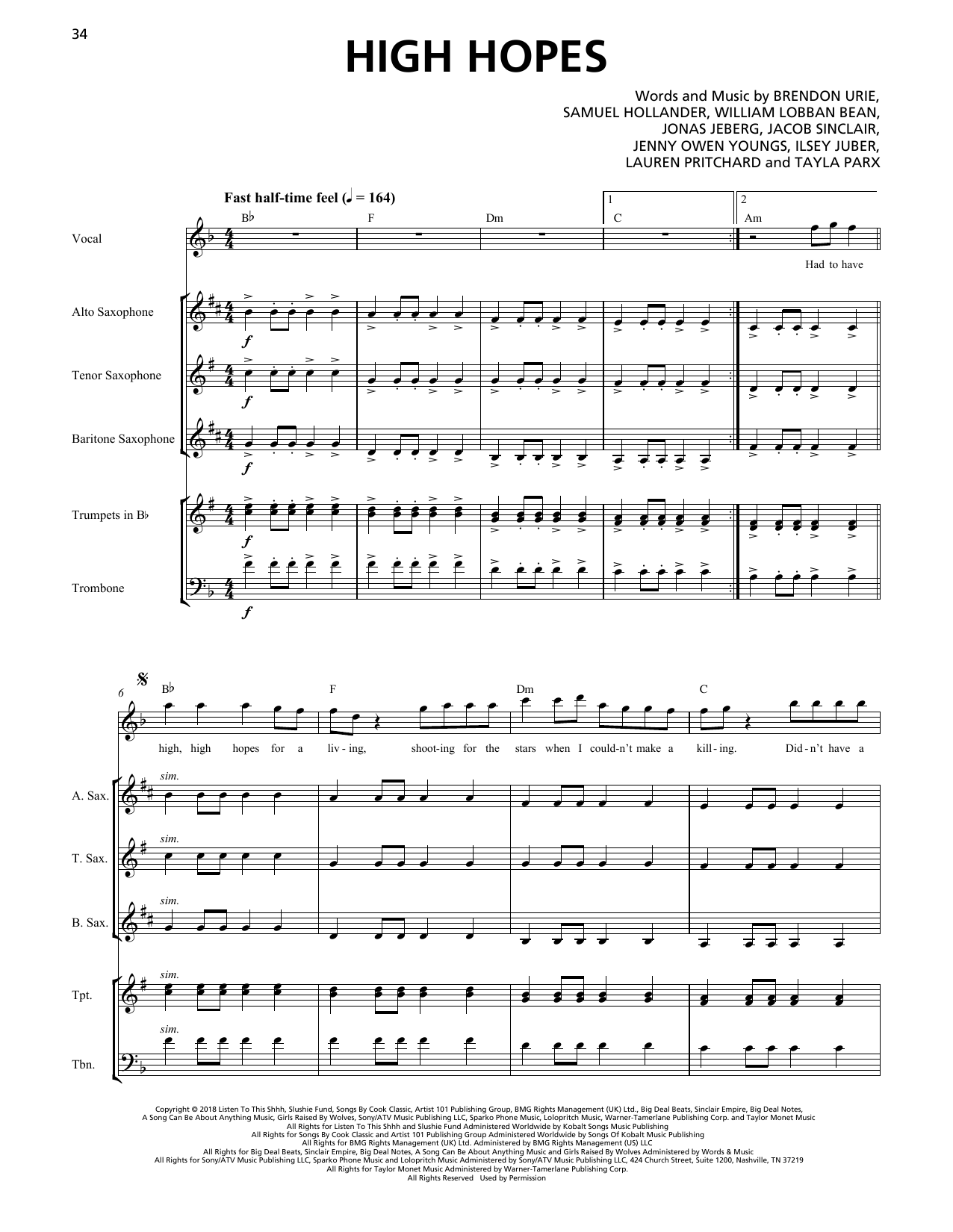 Download Panic! At The Disco High Hopes (Horn Section) Sheet Music and learn how to play Transcribed Score PDF digital score in minutes