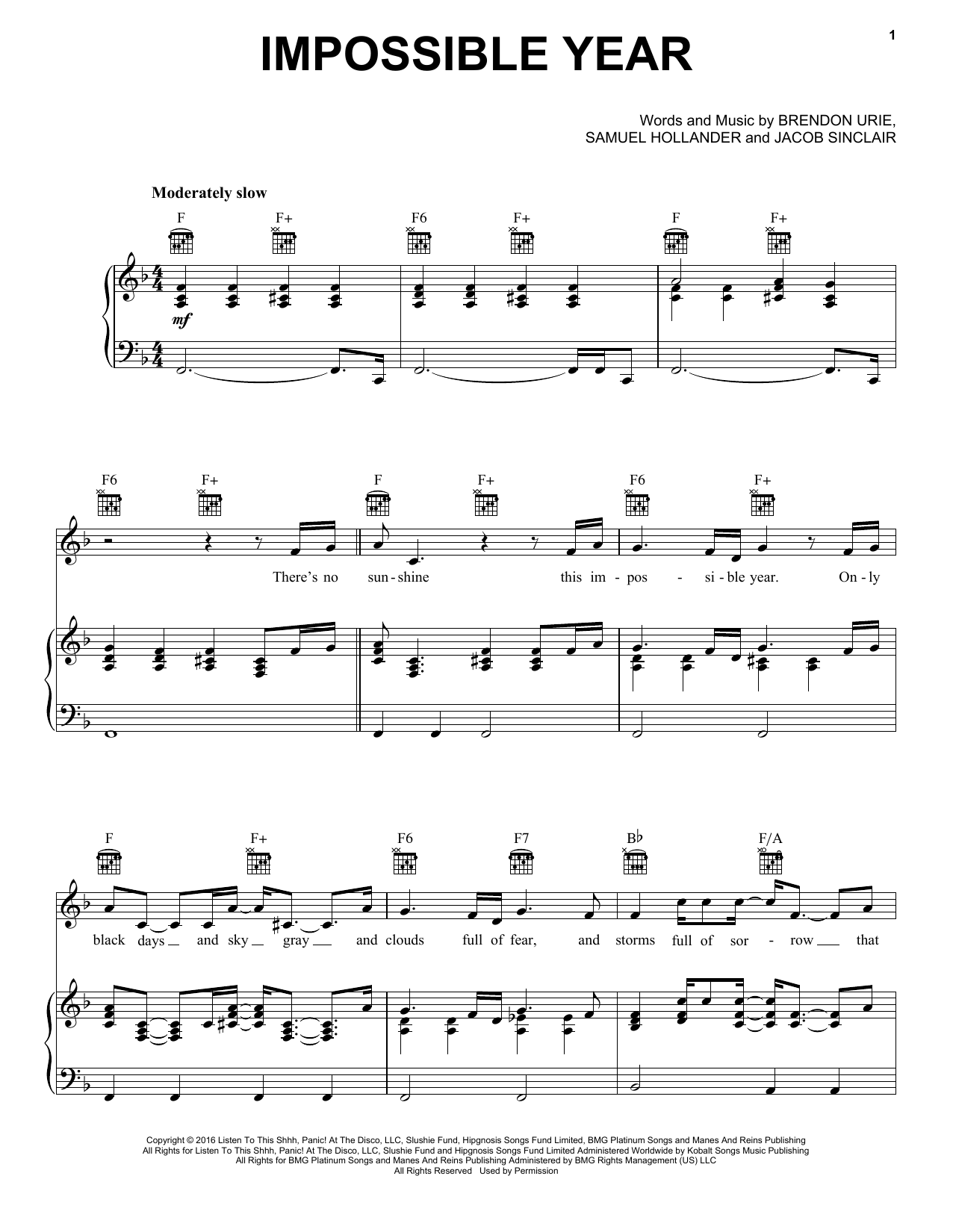 Download Panic! At The Disco Impossible Year Sheet Music and learn how to play Piano, Vocal & Guitar Chords (Right-Hand Melody) PDF digital score in minutes