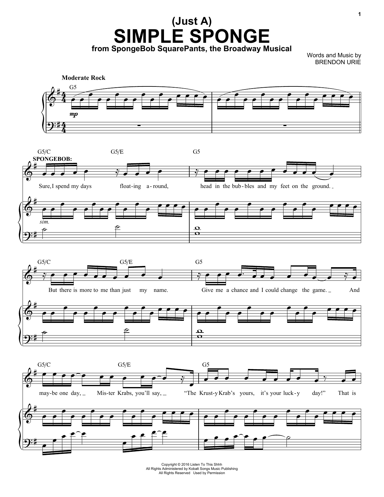 Download Panic! At The Disco (Just A) Simple Sponge (from Spongebob Squarepants, The Broadway Musical) Sheet Music and learn how to play Piano & Vocal PDF digital score in minutes