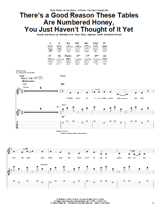 Download Panic! At The Disco There's A Good Reason These Tables Are Numbered Honey, You Just Haven't Thought Sheet Music and learn how to play Guitar Tab PDF digital score in minutes