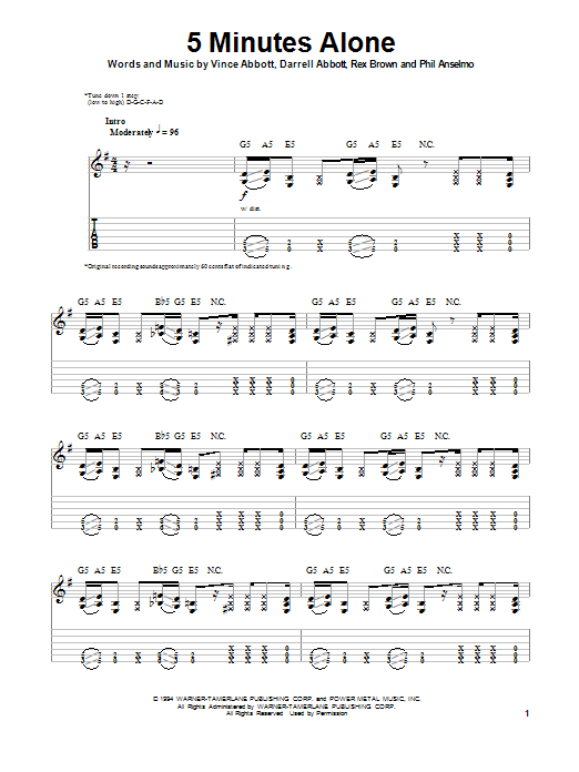 Download Pantera 5 Minutes Alone Sheet Music and learn how to play Guitar Tab PDF digital score in minutes