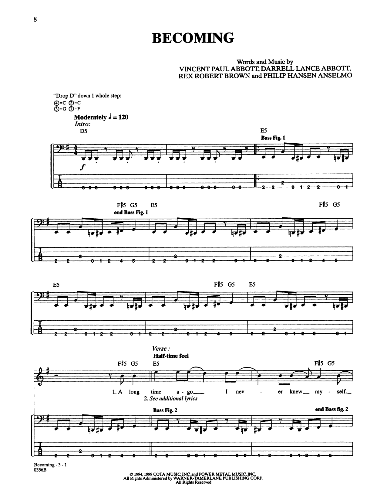 Download Pantera Becoming Sheet Music and learn how to play Bass Guitar Tab PDF digital score in minutes