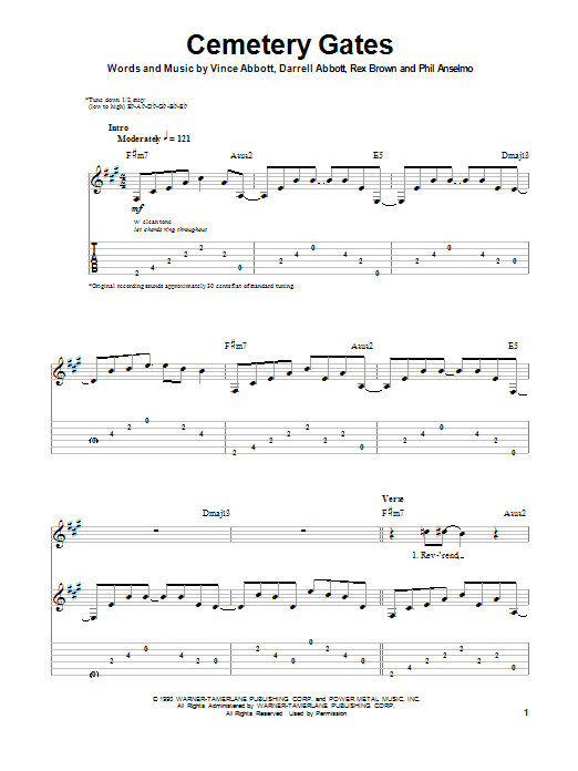 Download Pantera Cemetery Gates Sheet Music and learn how to play Guitar Tab PDF digital score in minutes