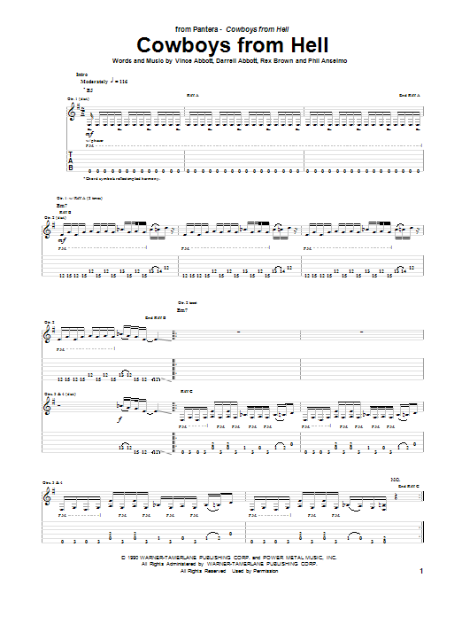 Download Pantera Cowboys From Hell Sheet Music and learn how to play Bass Guitar Tab PDF digital score in minutes