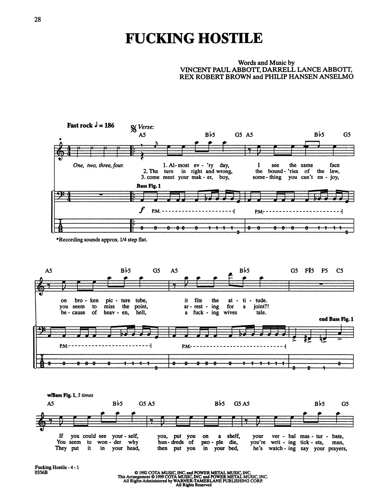 Download Pantera Fucking Hostile Sheet Music and learn how to play Bass Guitar Tab PDF digital score in minutes