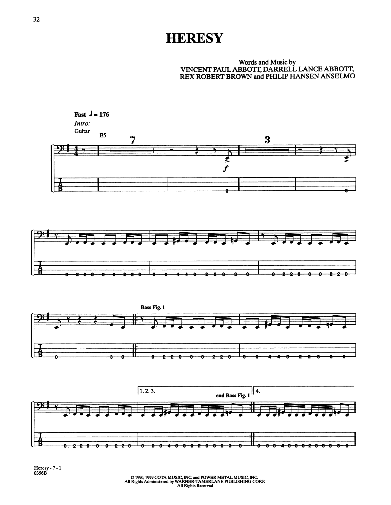 Download Pantera Heresy Sheet Music and learn how to play Bass Guitar Tab PDF digital score in minutes