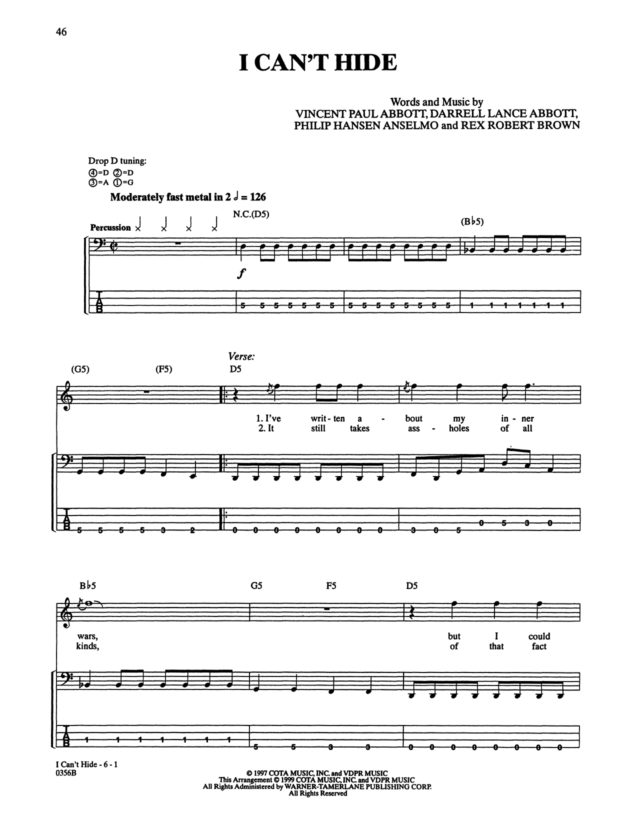 Download Pantera I Can't Hide Sheet Music and learn how to play Bass Guitar Tab PDF digital score in minutes