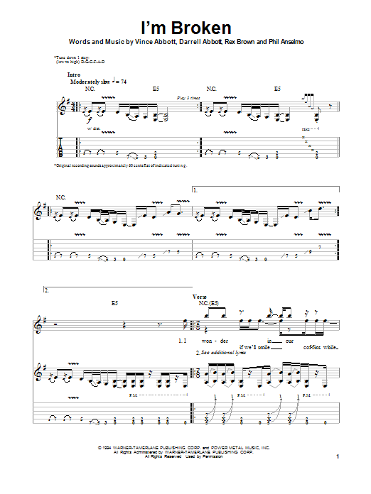 Download Pantera I'm Broken Sheet Music and learn how to play Bass Guitar Tab PDF digital score in minutes