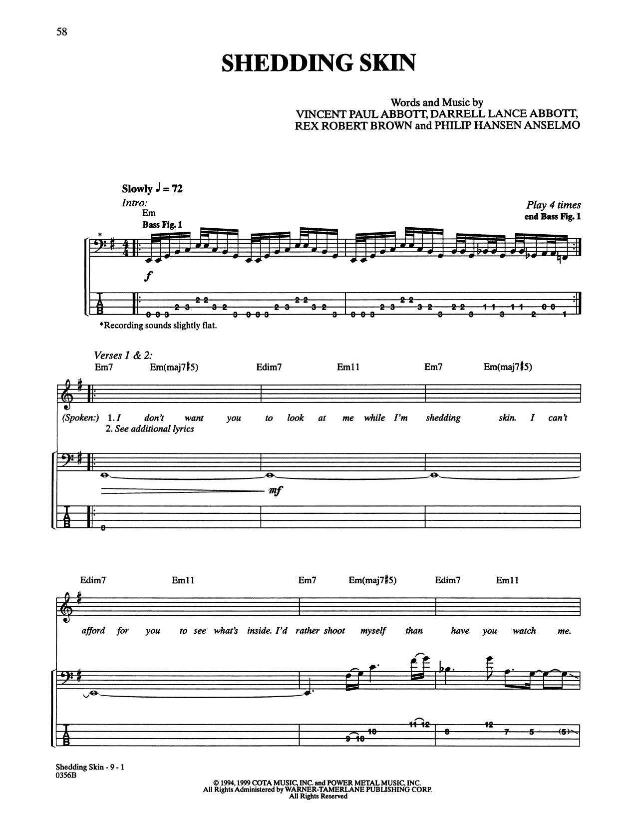 Download Pantera Shedding Skin Sheet Music and learn how to play Bass Guitar Tab PDF digital score in minutes