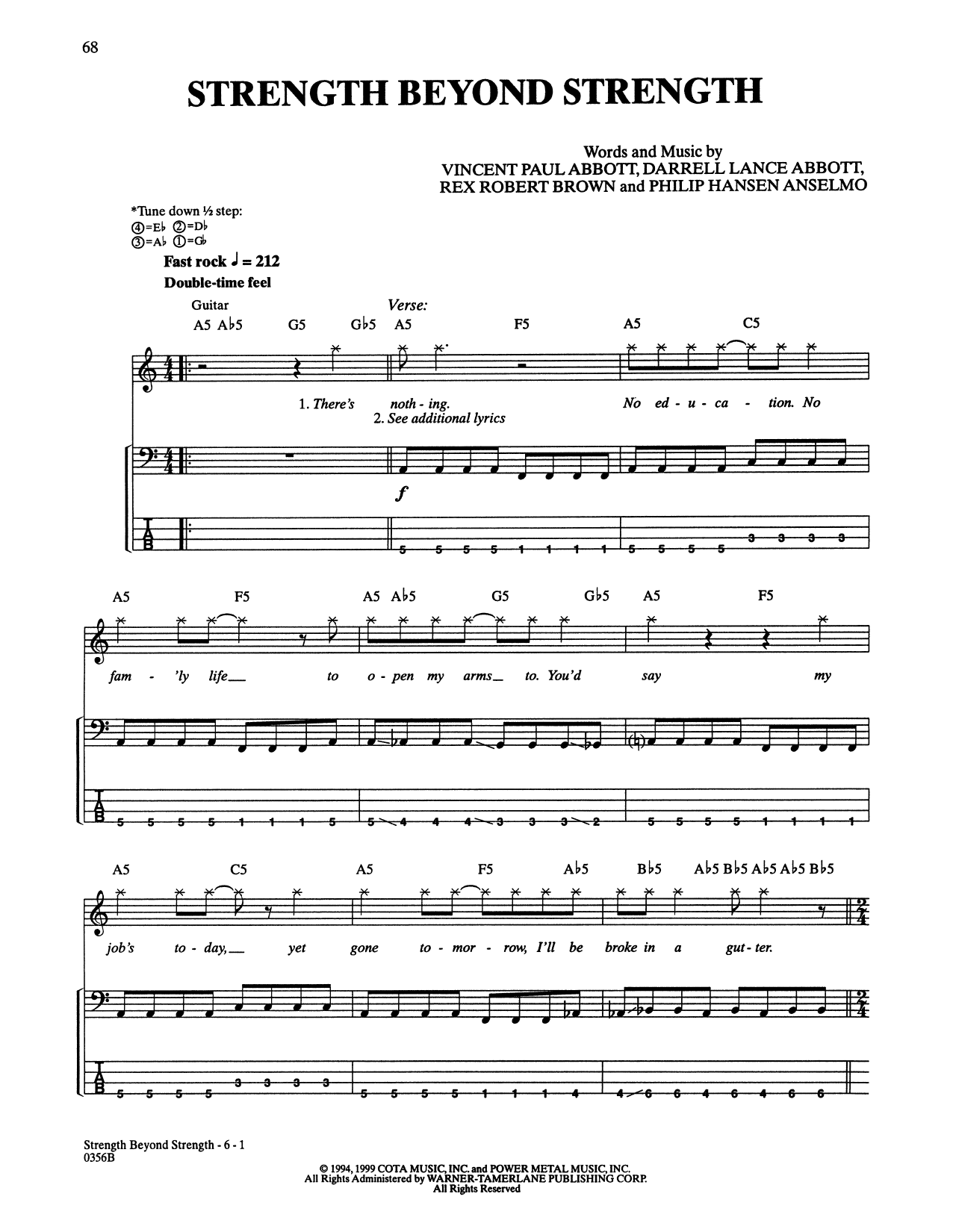 Download Pantera Strength Beyond Strength Sheet Music and learn how to play Bass Guitar Tab PDF digital score in minutes