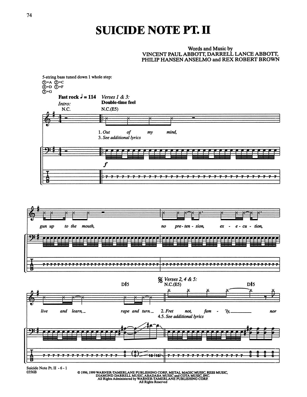 Download Pantera Suicide Note Pt. II Sheet Music and learn how to play Bass Guitar Tab PDF digital score in minutes