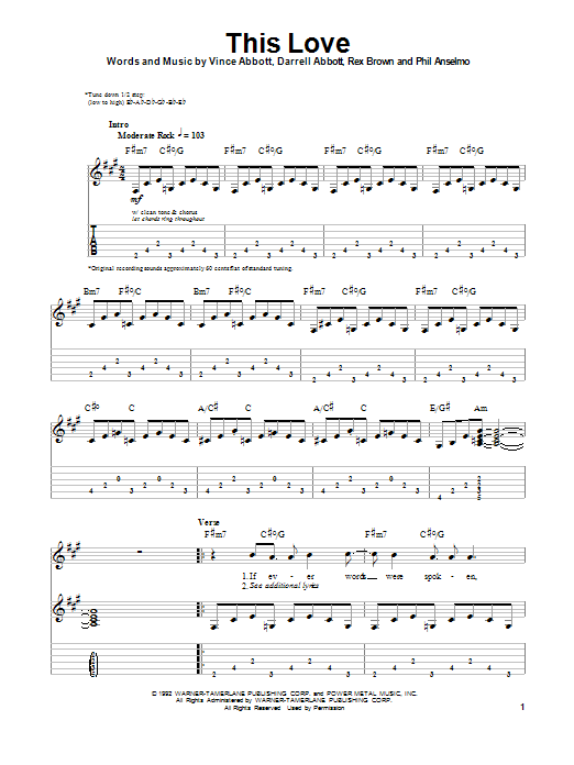 Download Pantera This Love Sheet Music and learn how to play Guitar Tab PDF digital score in minutes