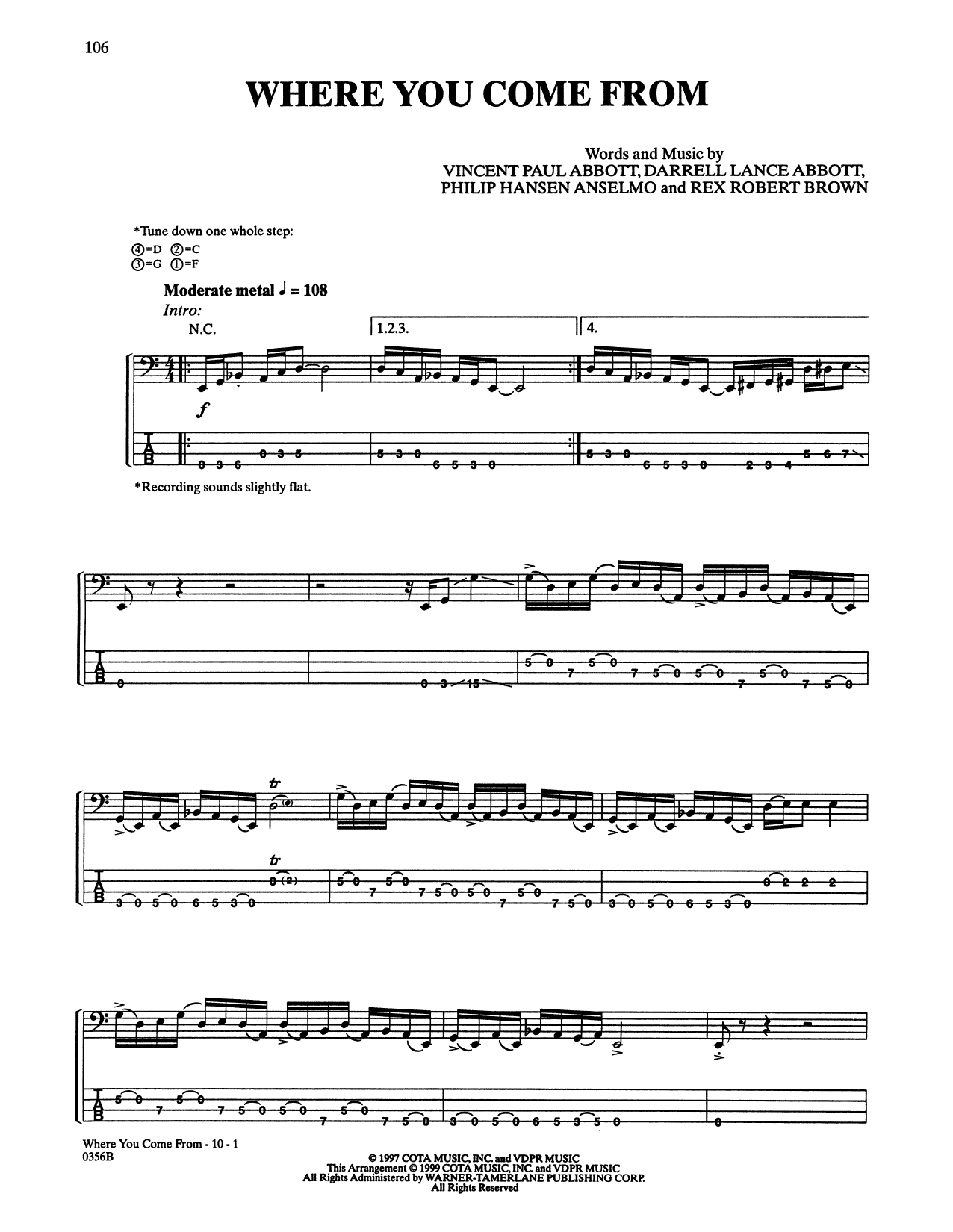 Download Pantera Where You Come From Sheet Music and learn how to play Bass Guitar Tab PDF digital score in minutes
