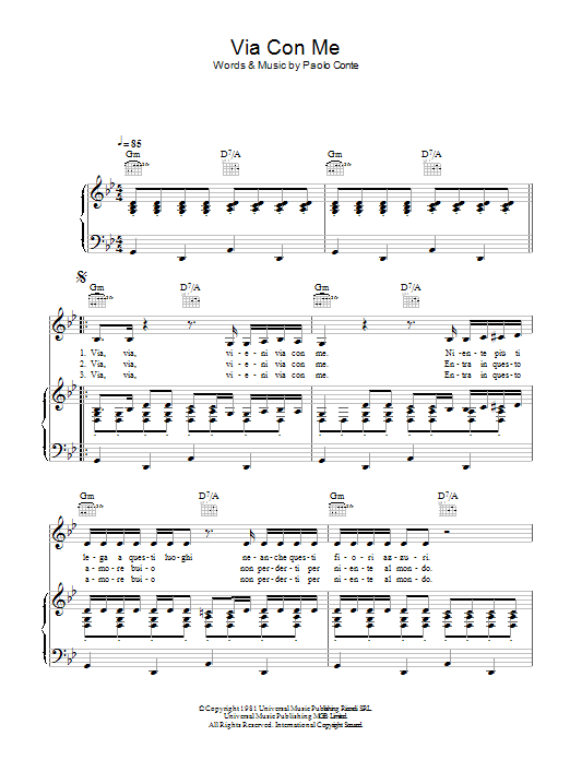 Download Paolo Conte Via Con Me Sheet Music and learn how to play Piano, Vocal & Guitar (Right-Hand Melody) PDF digital score in minutes