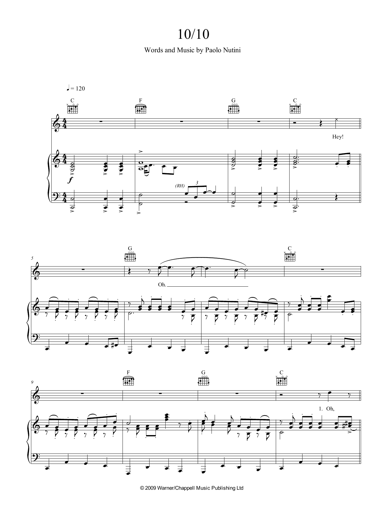 Download Paolo Nutini 10 Out Of 10 Sheet Music and learn how to play Piano, Vocal & Guitar (Right-Hand Melody) PDF digital score in minutes